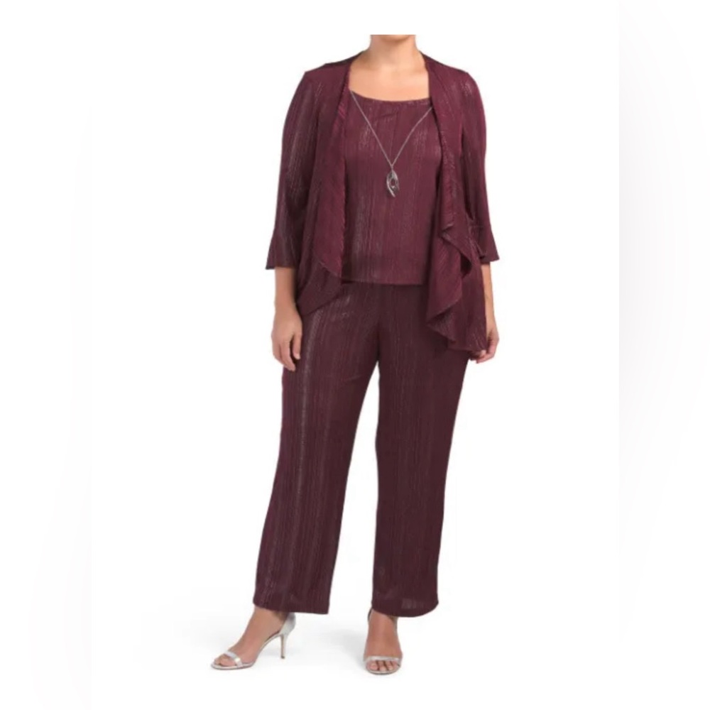 NWT R&M RICHARDS Plus Size 22W Wine Metallic 3pc Fly Away Jacket Pant Suit